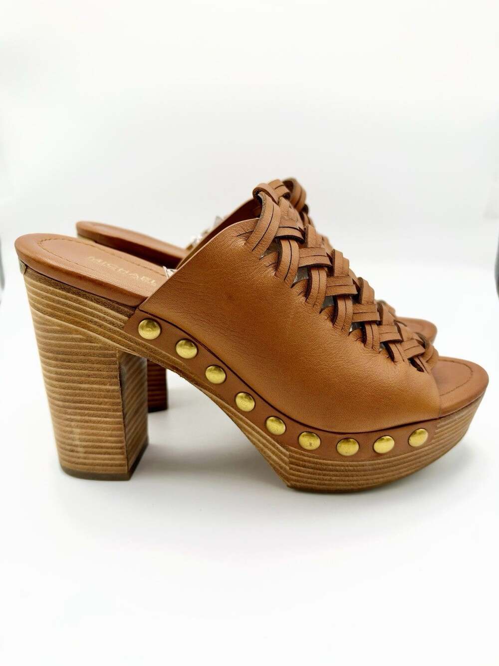 Michael Kors Woven Leather Platform Mules Womens 7.5 Brown Studded Boho Sandals